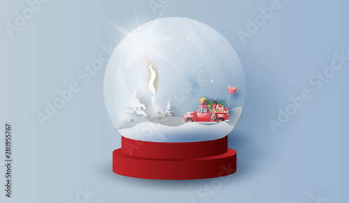 Glass ball snow stand with red Classic pickup truck car view landscape home.Happy new year and Merry Christmas day.Creative design paper art and craft.Gift decoration for holiday and winter. vector