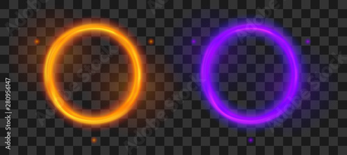 Magic round portal. Futuristic orange and violet teleport. Vector fantasy glowed circle frame set.