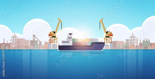 cranes in port loading containers on ship cargo industrial seaport sea transportation logistic maritime shipping concept factory buildings industrial zone background flat horizontal