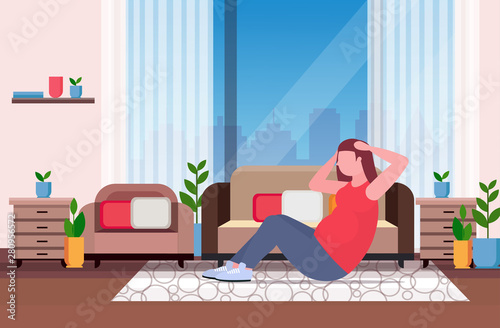 fat obese woman doing sit-ups press abdominal exercises girl training workout weight loss concept modern living room interior flat full length horizontal
