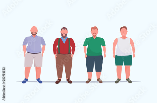 fat overweight men group standing together unhealthy lifestyle concept obese guys in casual clothes over size male cartoon characters full length flat horizontal