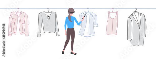 woman wearing 3d glasses holding controller girl experiencing virtual reality choosing clothes through headset online shopping augmented digital technology concept flat full length horizontal