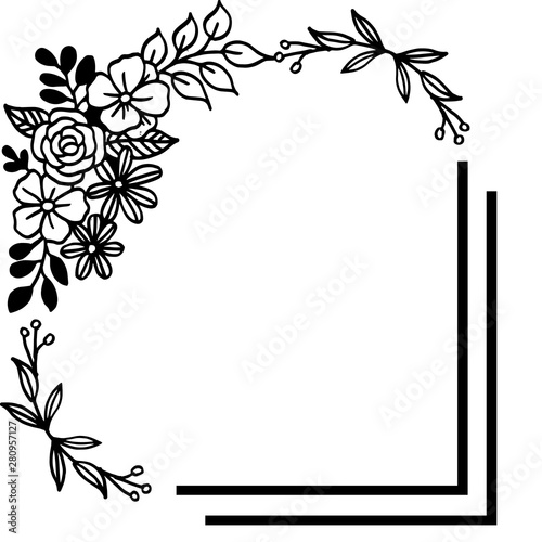 Black line art on white background  design plants leaf flower frame. Vector