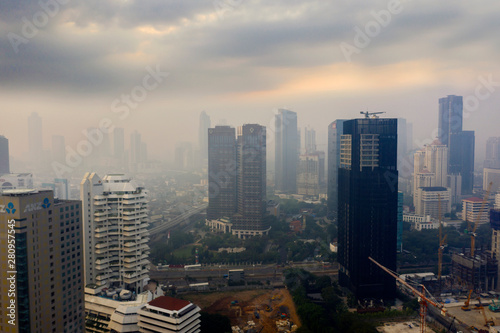 Jakarta city covered by air pollution at morning