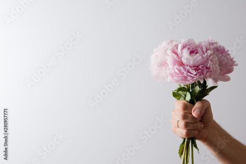 Man hand holding beautiful pink peonies