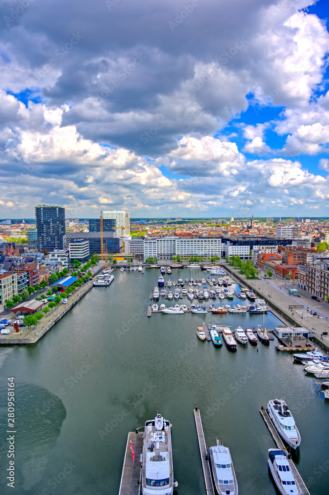 Obraz premium An aerial view of the port and docks in Antwerp (Antwerpen), Belgium.