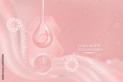 Hyaluronic acid skin solutions ad, pink collagen serum drop with cosmetic advertising background ready to use, illustration vector.