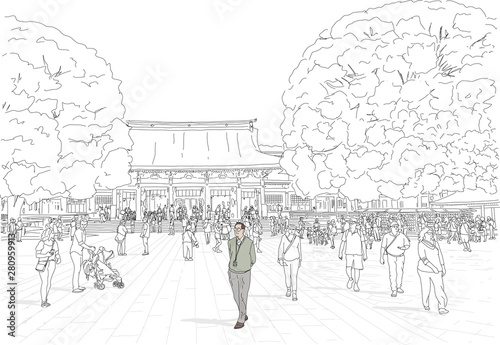 Hand drawn illustration. People visit the beautiful, historic Meiji Shrine, located in Shibuya, in Tokyo, Japan.
