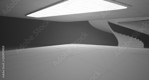 Drawing abstract architectural white interior of a minimalist house with large windows. Neon lighting.3D illustration and rendering.