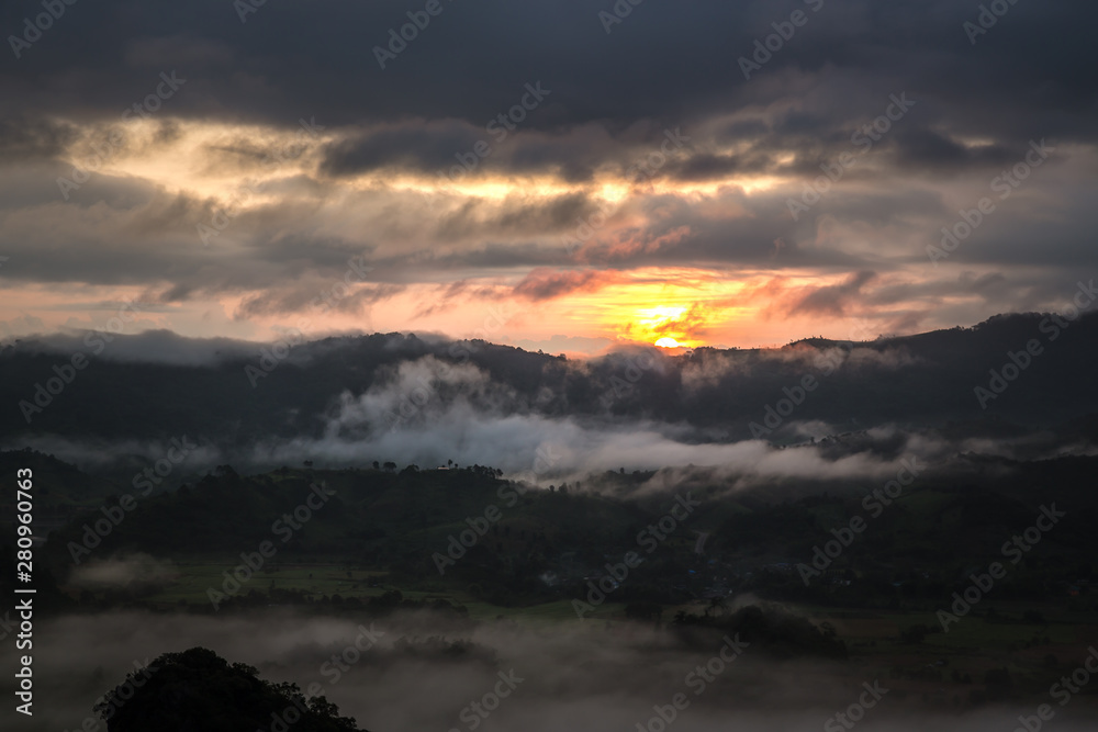 Sunrise with sea of mist in the morning in Phu langka National Park, Nan ,Thailand.