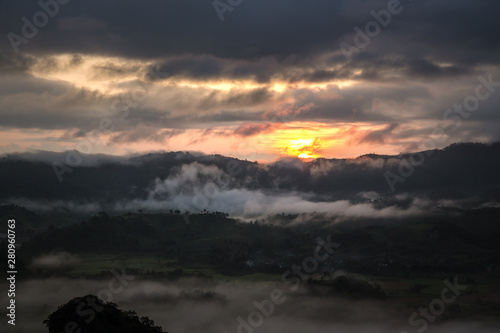 Sunrise with sea of mist in the morning in Phu langka National Park, Nan ,Thailand.