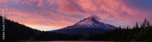 Beautiful Panoramic Landscape View of Mt Hood during a dramatic cloudy sunset. Taken from Trillium Lake, Mt. Hood National Forest, Oregon, United States of America. © edb3_16