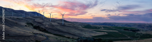 Beautiful Panoramic Landscape View of Wind Turbines on a Windy Hill during a colorful sunrise. Taken in Washington State, United States of America. © edb3_16