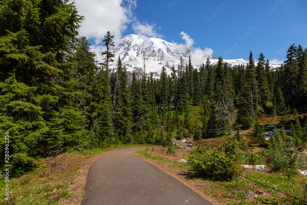 Beautiful view of a trail and a bridge over the river surrounded by the Mountain Landscape during a sunny summer day. Taken in Paradise, Mt Rainier National Park, Washington, United States of America.