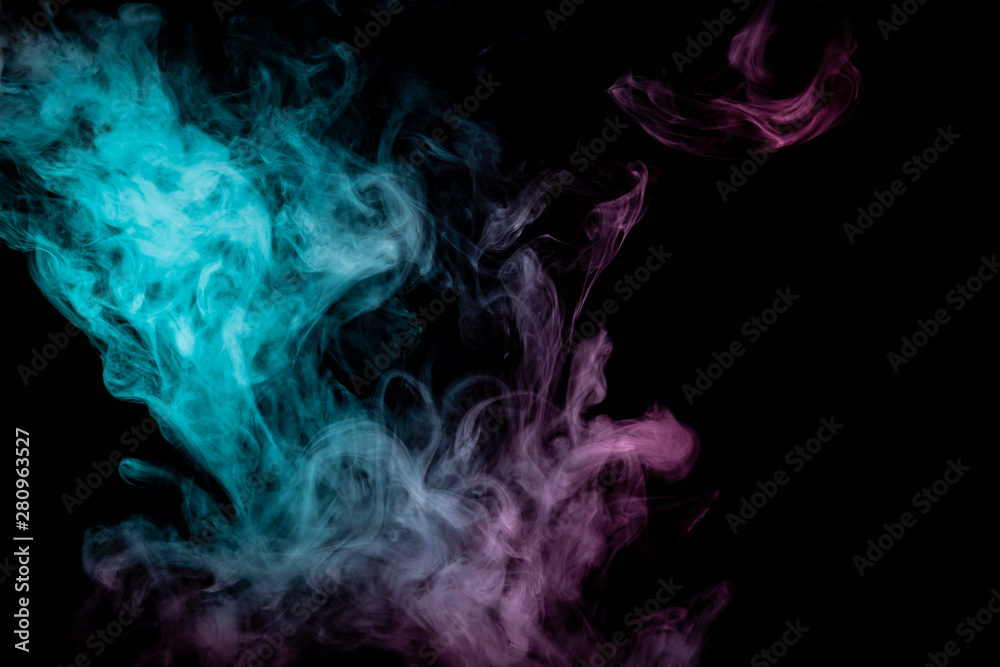 Colored background with winding clouds of smoke from patterns of different forms of pink, green and blue colors with tongues of flame on a black isolated background. Print for t-shirt.