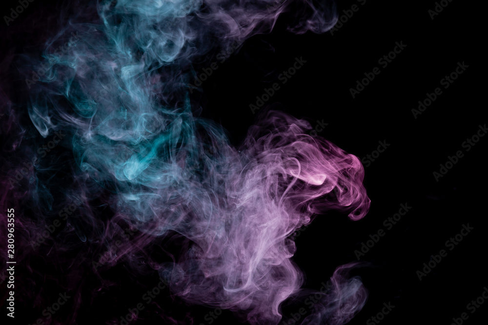 Colored background with winding clouds of smoke from patterns of different forms of pink, green and blue colors with tongues of flame on a black isolated background. Print for t-shirt. Colored background with winding clouds of smoke from patterns of different forms of pink, green and blue colors with tongues of flame on a black isolated background. Print for t-shirt.