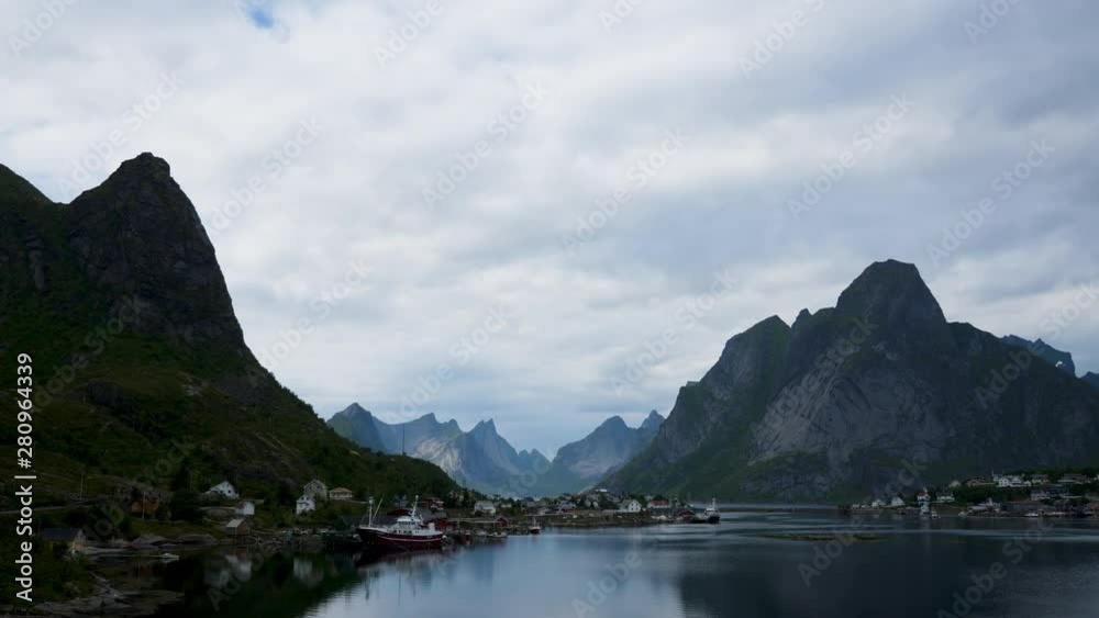 View of small fjord village in Norway on an overcast day View of small fjord village in Norway on an overcast day