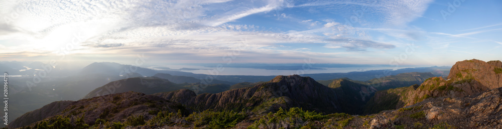 Beautiful Panoramic view of Canadian Mountain Landscape during a vibrant summer sunset. Taken at Mt Arrowsmith, near Nanaimo, Vancouver Island, BC, Canada.