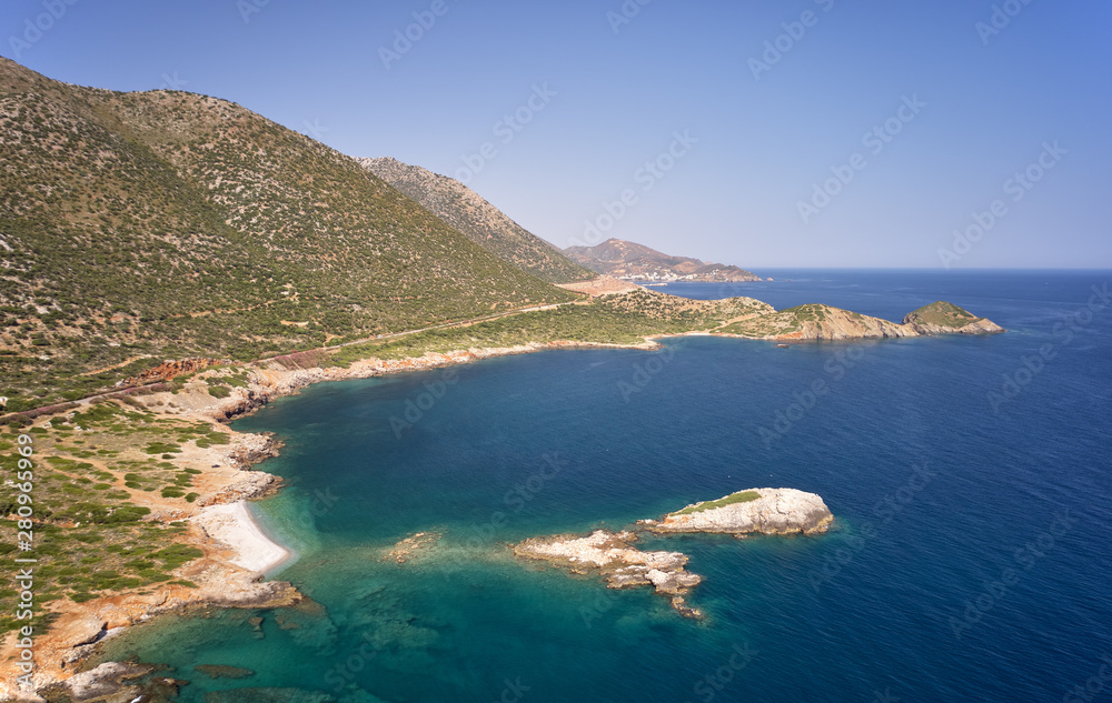 Aerial view on coast and sea near Kalo Horafi beach on Crete, Greece.