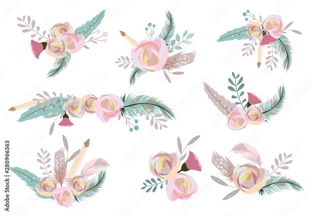 pastel bouquet set with flower,rose,leaves,wreath illustration for sticker,postcad,birthday invitation