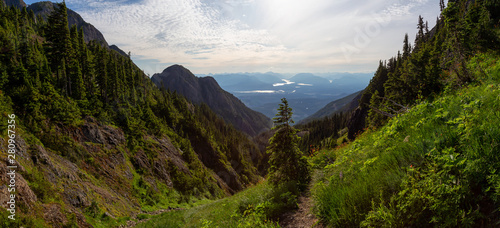 Beautiful Panoramic view of Canadian Mountain Landscape during a vibrant summer day. Taken at Mt Arrowsmith, near Nanaimo, Vancouver Island, BC, Canada.