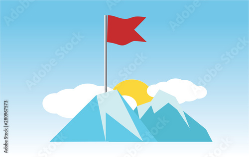 Business the flag on the high mountain with the sun shining behind shows the finish line or the purpose of success.