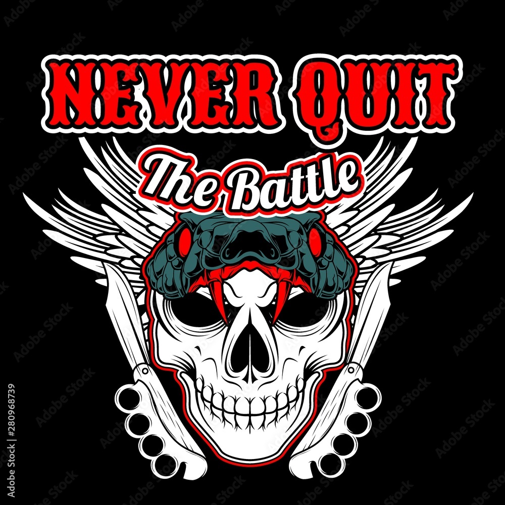 never quit the battle,skull and knife knuckle with wings hand drawing vector