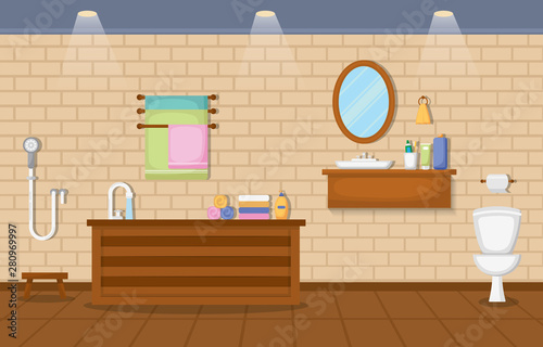 Japanese Bathroom Residential Traditional Style Wood Accent Interior Illustration