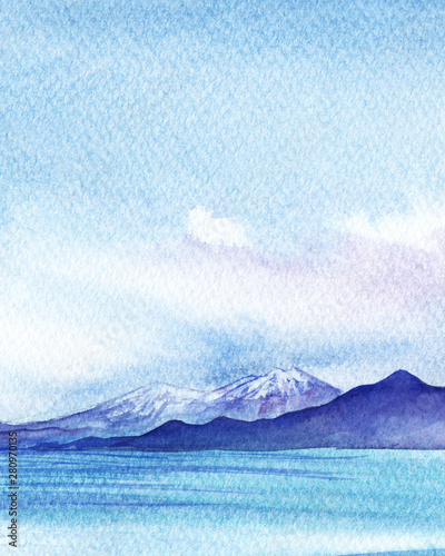 Abstract mountain landscape. Lake Van. dark silhouettes of mountain chains with snow-capped peaks, behind the water surface. Hand-drawn watercolor illustration on texture paper.