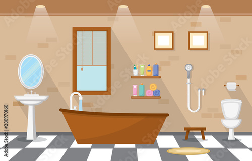 Japanese Bathroom Residential Traditional Style Wood Accent Interior Illustration