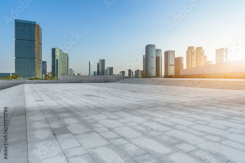 cityscape and skyline of hangzhou in blue sky from empty floor © hallojulie