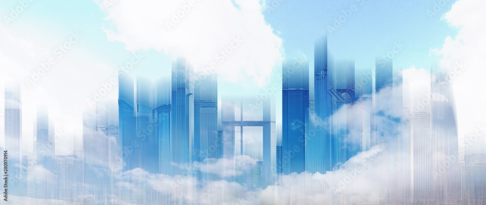 Abstract city skyline in blue sky and white clouds. Abstract city background	