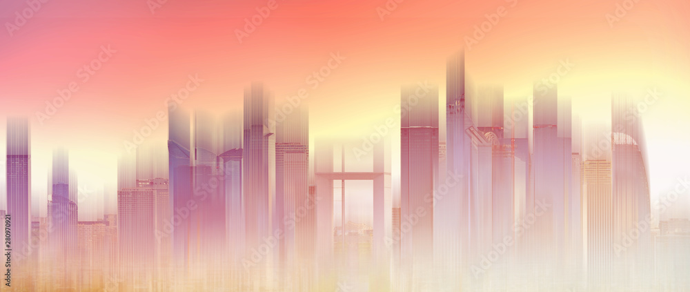Skyscraper building city skyline, glowing sunset light. Abstract city background