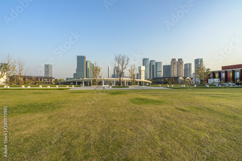 cityscape and skyline of hangzhou from meadow in park