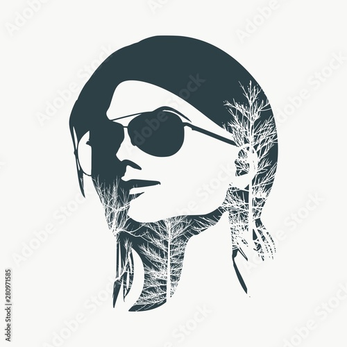 Face half turn view. Elegant silhouette of a female head composed of particles. Double exposure