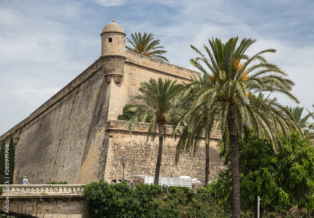 View of the ancient walls of the fortress Bastió de Sant Pere & Pont de la Riera