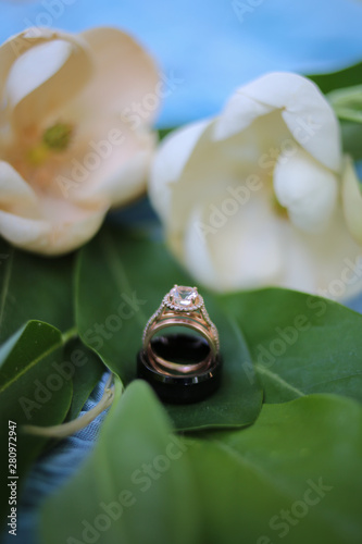 Fototapeta Naklejka Na Ścianę i Meble -  Wedding Photography Wedding and Engagement Rings on Magnolia Flowers and Leaves against a Light Blue Gauze Backdrop