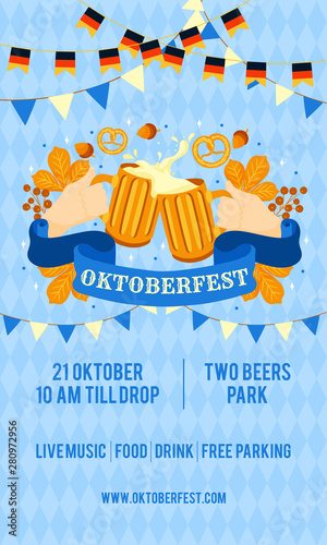 Oktoberfest Poster Template. Two glass toasting mugs with beer, cheers. Traditional German Poster Festival. Mustache, fresh dark beer, pretzel, sausage, accordion, beer and flag. Vector - Illustration