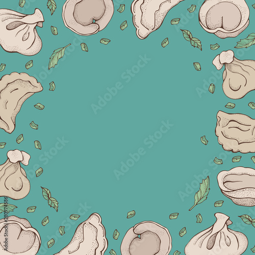 Vector background of dumplings with spice. Cartoon hand drawn Ravioli on blue. Vareniki. Pelmeni. Meat dumplings. Food. Cooking. National dishes. Products from the dough and meat. For restaurant menu
