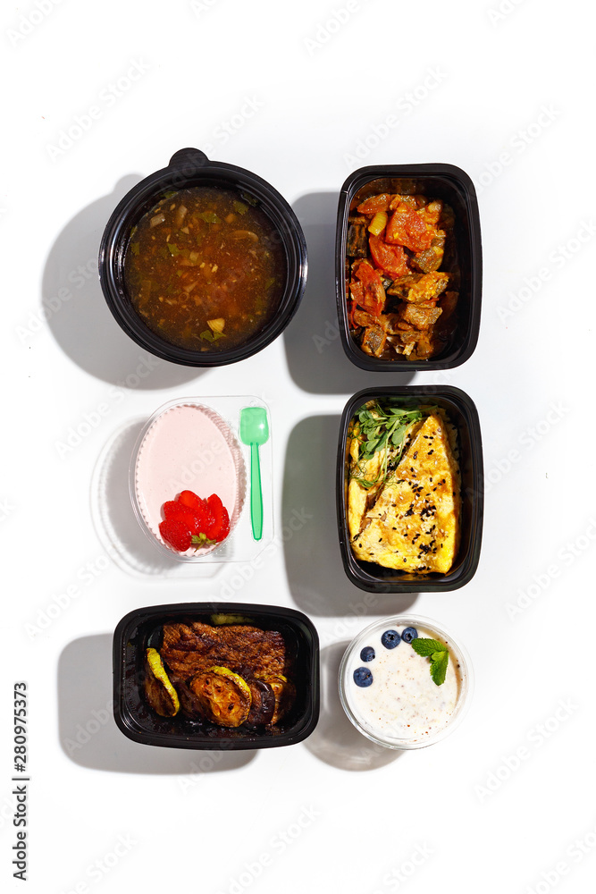 Variety of clean dieting foods in plastic package , top view. Healthy clean food concept.