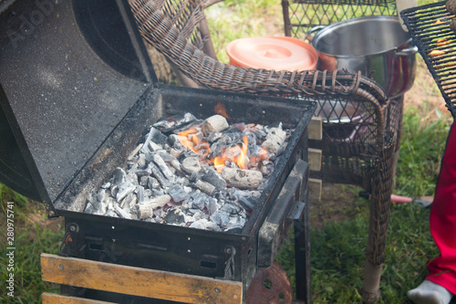 Meat and vegetables cooked on a barbecue