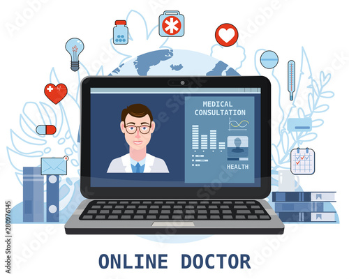 Online doctor men healthcare concept icon set. Doctor videocalling on a laptop © hadeev