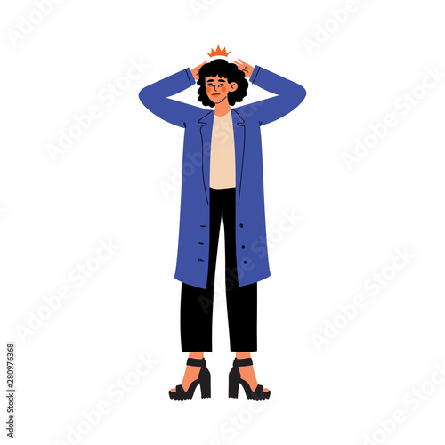 Young Woman Holding Hands on Her Head, Migraine, Headache, Girl Feeling Pain in Her Body Caused By Illness or Injury Vector Illustration