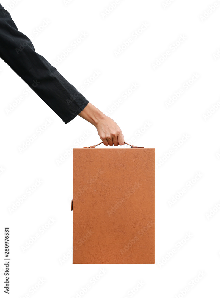 Female hand holding briefcase receiver isolated on white background. Female hand holding briefcase receiver isolated on white background.