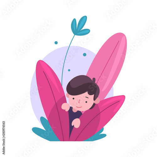 Cute Little Boy Hiding in Bushes, Adorable Kid Peeking Out of Colorful Dense Grass Vector Illustration