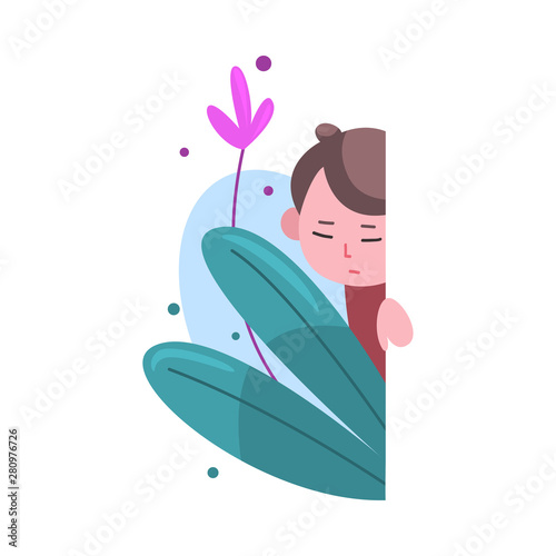 Cute Little Boy Hiding and Peeking Out of Behind Wall Vector Illustration