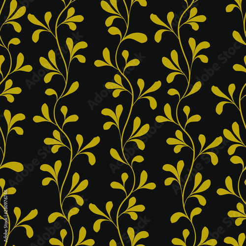 Vector seamless pattern with vertical branches. Golden abstract floral branches with leaves on black background. 