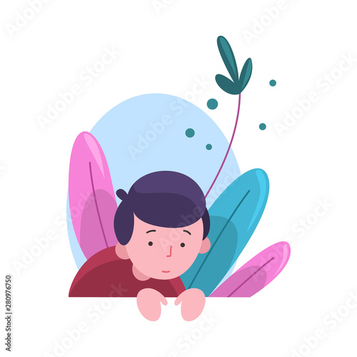 Cute Adorable Boy Peeking Out of Behind Wall Vector Illustration