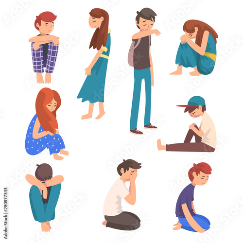 Unhappy Sad Boys and Girls Set, Depressed, Lonely, Anxious, Abused Teenagers Having Problems, Stressed Students Vector Illustration