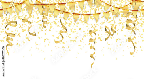 seamless golden colored confetti, streamers and garlands background